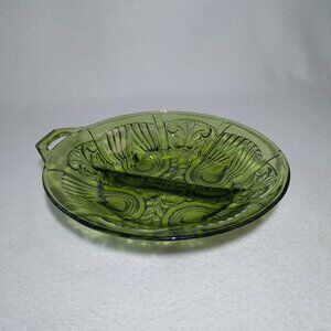 Vintage Indiana Glass Avocado Green Glass 7 1/2" Divided 2-Part Relish Dish